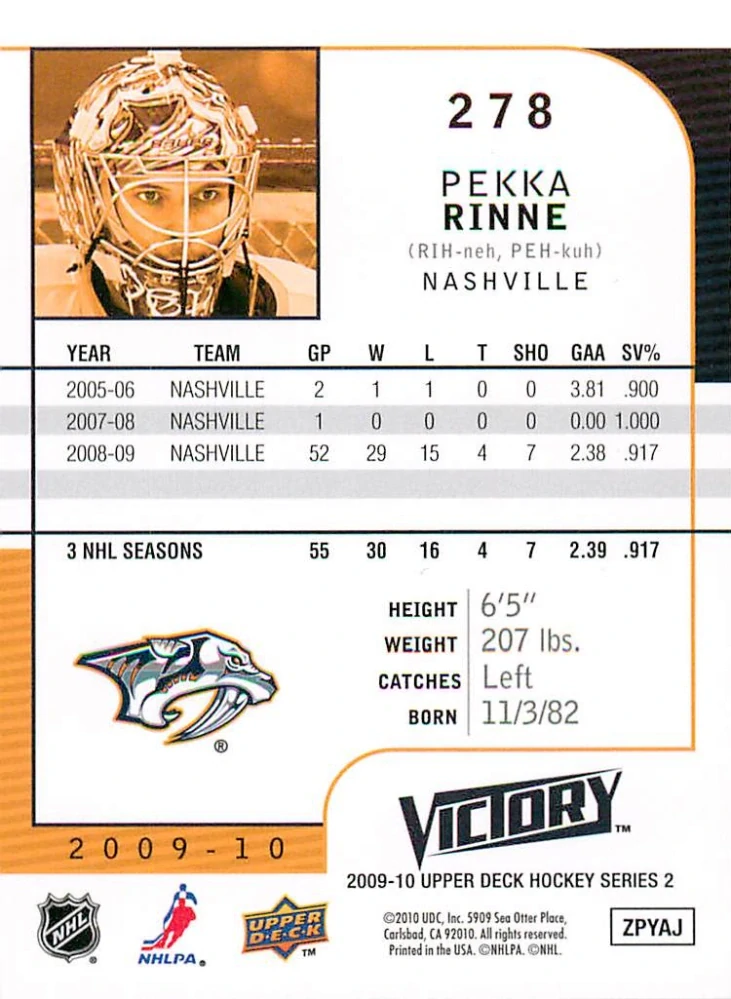2009-10 UD Victory - Pekka Rinne #278
