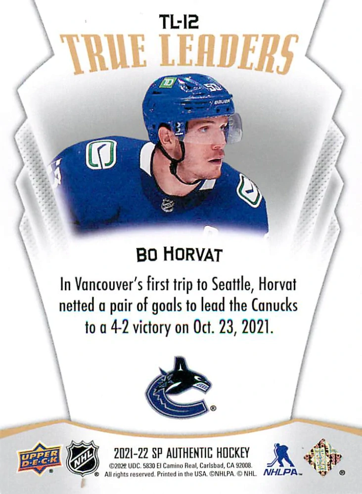 2021-22 UD SP Authentic - Bo Horvat - True Leaders #TL-12