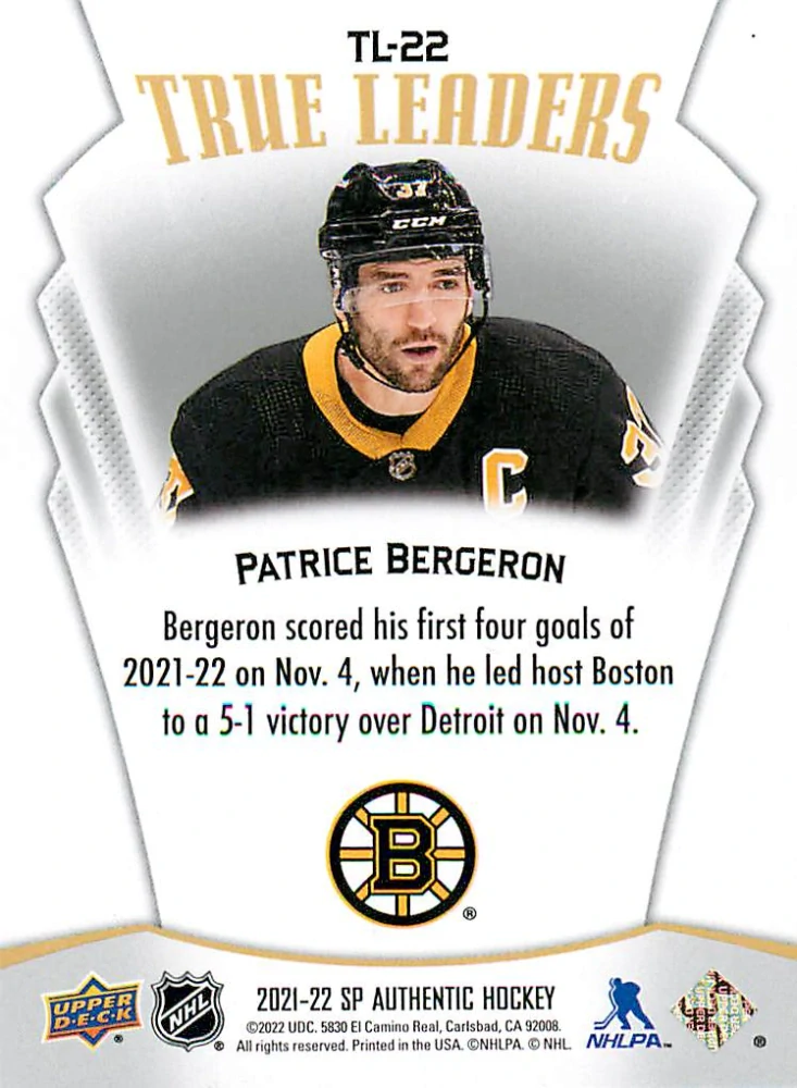 2021-22 UD SP Authentic - Patrice Bergeron - True Leaders #TL-22