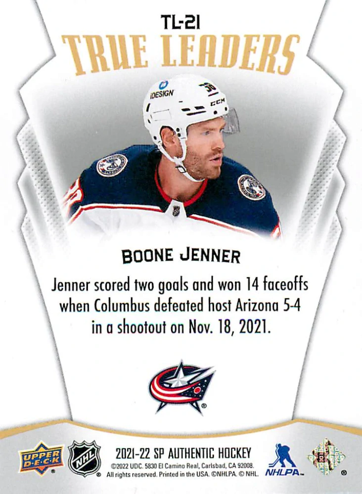 2021-22 UD SP Authentic - Boone Jenner - True Leaders #TL-21