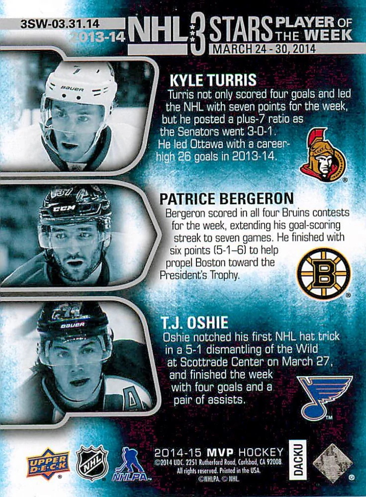 2014-15 UD MVP - Kyle Turris, Patrice Bergeron, T.J. Oshie - NHL 3 Stars #3SW-03.31.14