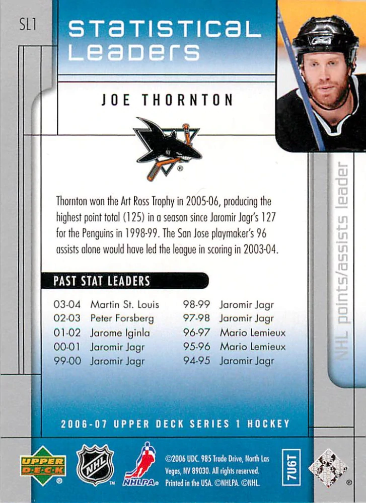 2006-07 UD Series 1 - Joe Thornton - Statistical Leaders #SL1