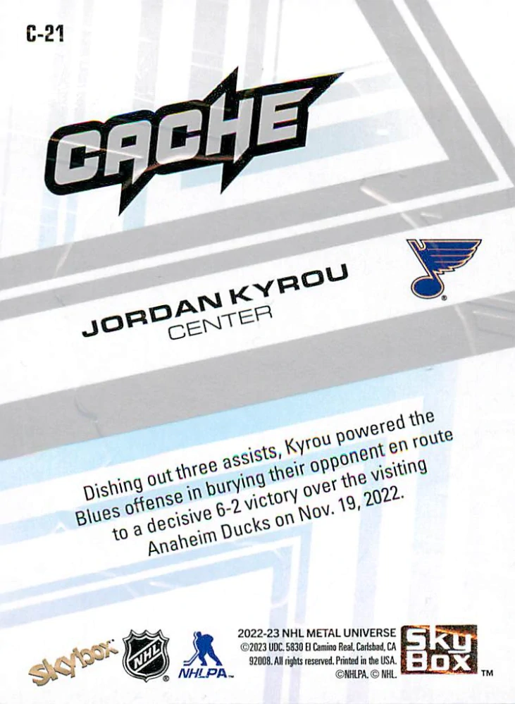 2022-23 UD Skybox Metal Universe - Jordan Kyrou - Cache #C-21