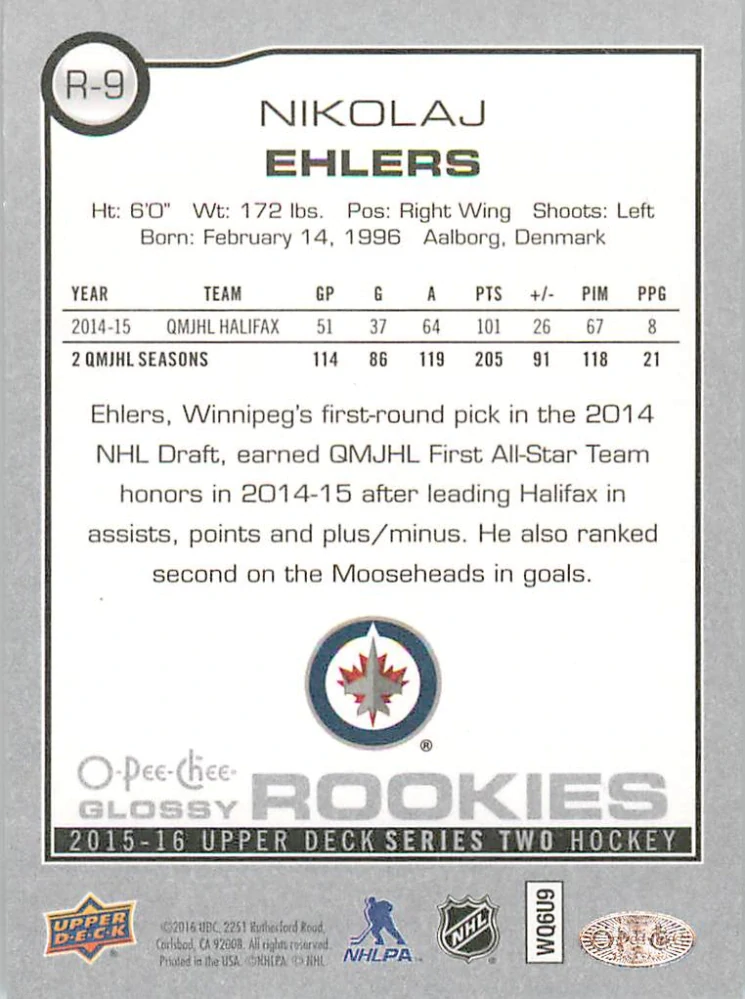 2015-16 UD Series 2 - Nikolaj Ehlers - Glossy Rookies #R-9