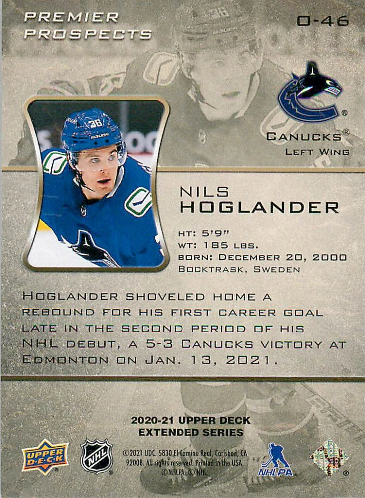 2020-21 UD Extended Series - Nils Hoglander - Ovation #O-46