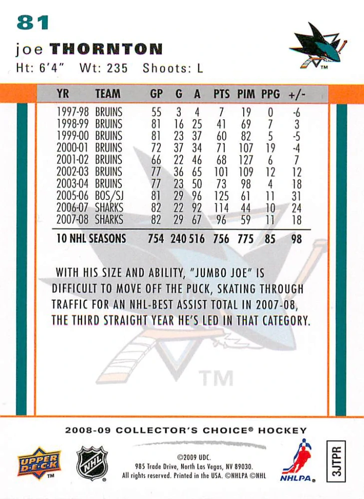 2008-09 UD Collector's Choice - Joe Thornton - Choice Reserve Silver #81