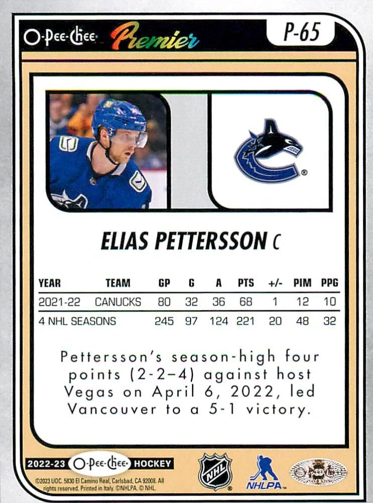 2022-23 UD O-Pee-Chee - Elias Pettersson - Premier #P-65