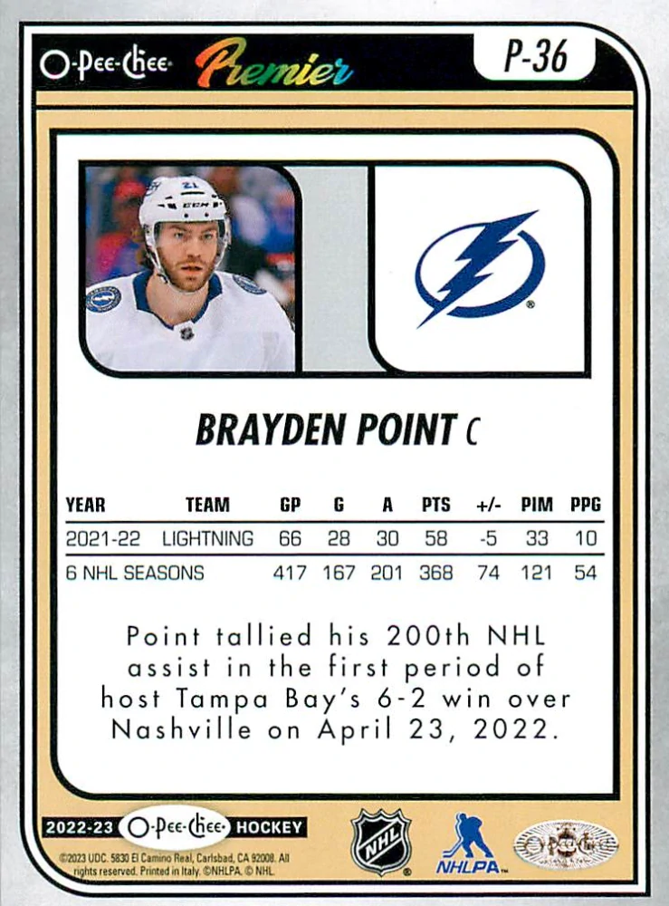 2022-23 UD O-Pee-Chee - Brayden Point - Premier #P-36