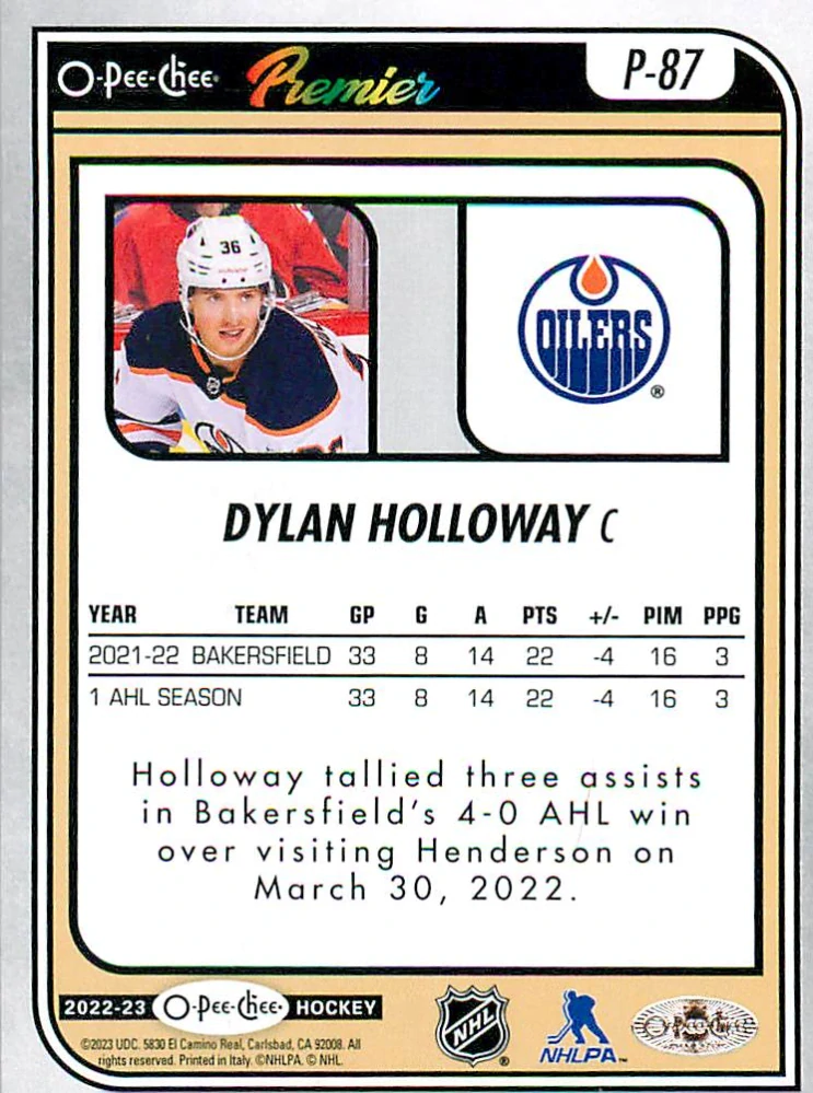 2022-23 UD O-Pee-Chee - Dylan Holloway - Premier Rookie #P-87