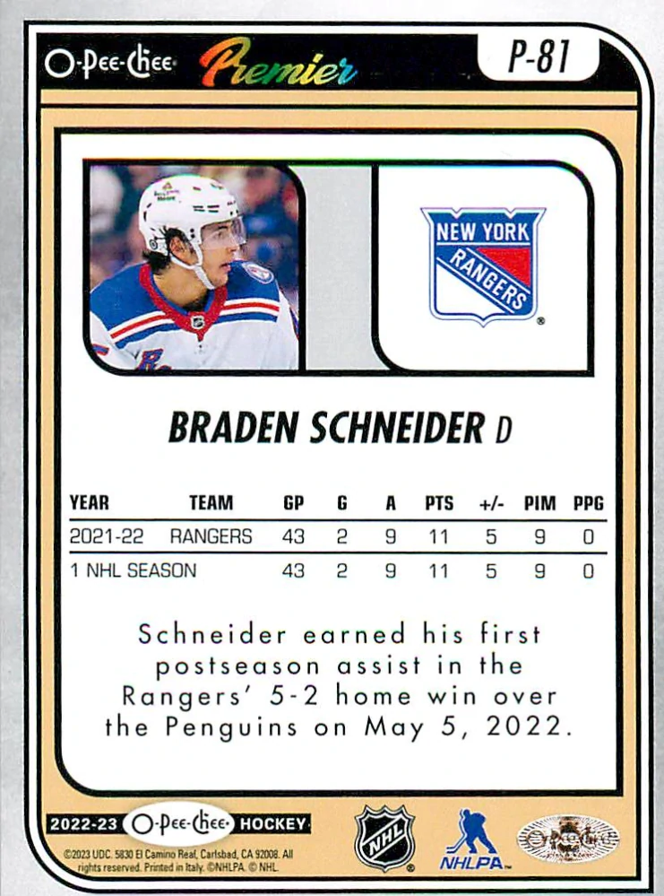 2022-23 UD O-Pee-Chee - Braden Schneider - Premier Rookie #P-81