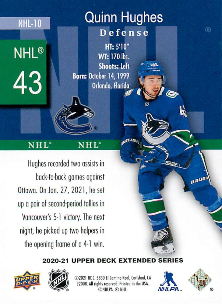 2020-21 UD Extended Series - Quinn Hughes - HoloGrFX NHL #NHL-10