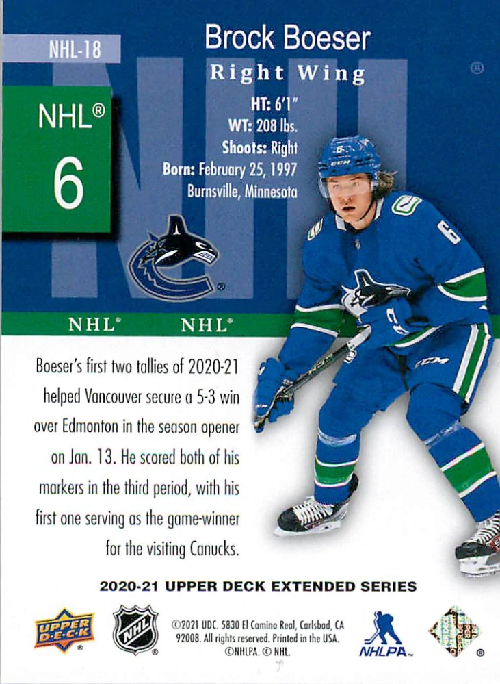 2020-21 UD Extended Series - Brock Boeser - HoloGrFX NHL #NHL-18
