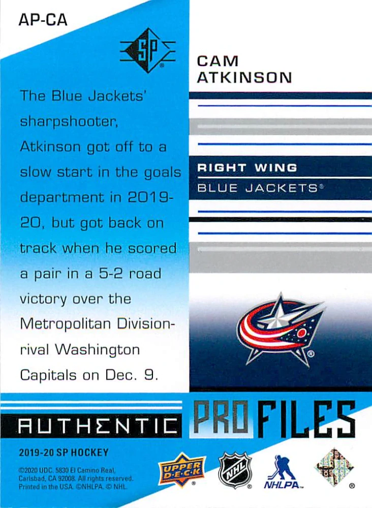 2019-20 UD SP - Cam Atkinson - Authentic Profiles Blue #AP-CA