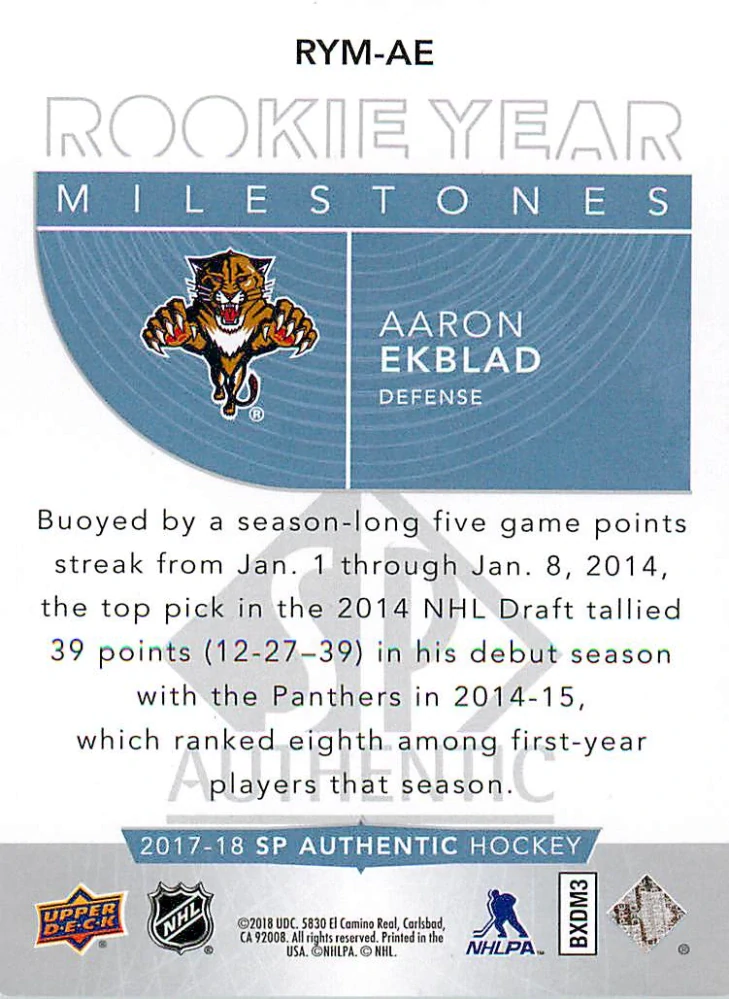 2017-18 UD SP Authentic - Aaron Ekblad - Rookie Year Milestones #RYM-AE