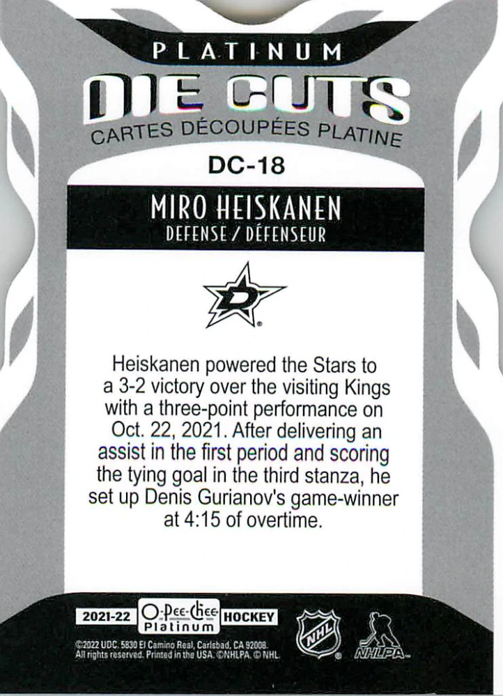 2021-22 UD O-Pee-Chee Platinum - Miro Heiskanen - Die Cuts #DC-18