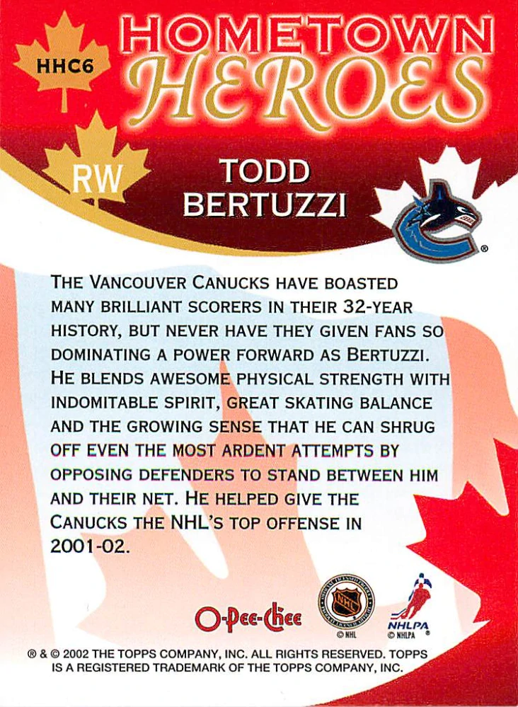 2002-03 O-Pee-Chee - Todd Bertuzzi - Hometown Heroes #HHC6