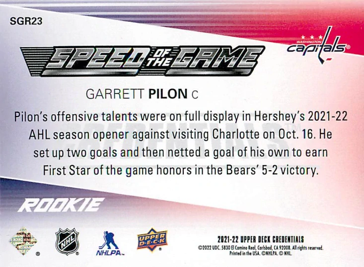 2021-22 UD Credentials - Garrett Pilon - Speed of the Game #SGR23