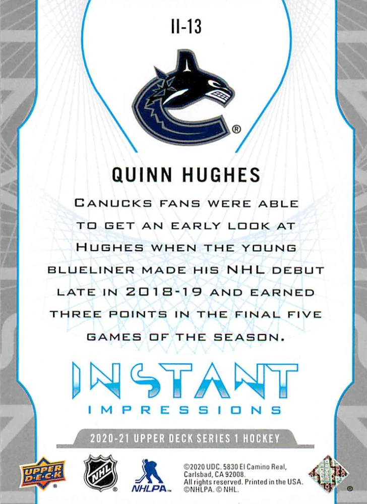 2020-21 UD Series 1 - Quinn Hughes - Instant Impressions #II-13