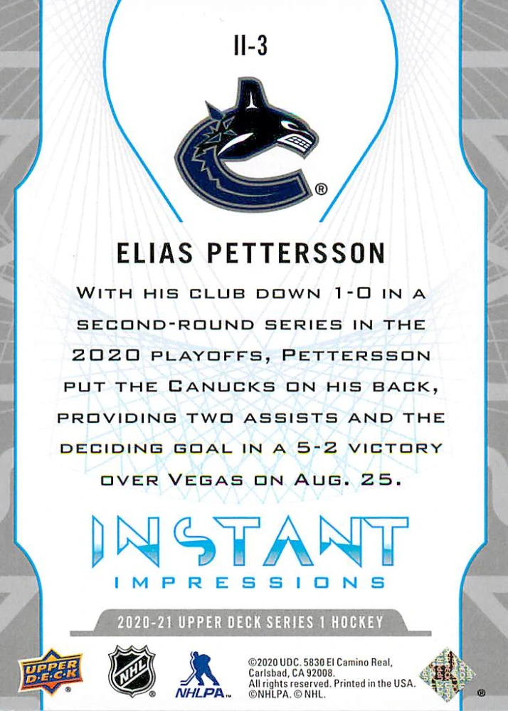 2020-21 UD Series 1 - Elias Pettersson - Instant Impressions #II-3