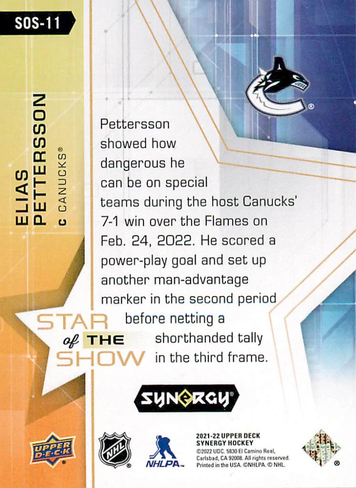 2021-22 UD Synergy - Elias Pettersson - Star of the Show #SOS-11