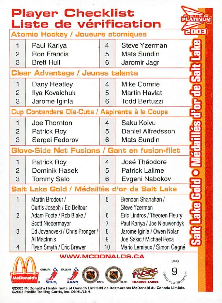 2002-03 Pacific Prism Platinum McDonalds - Joe Sakic, Michael Peca - Checklist #9
