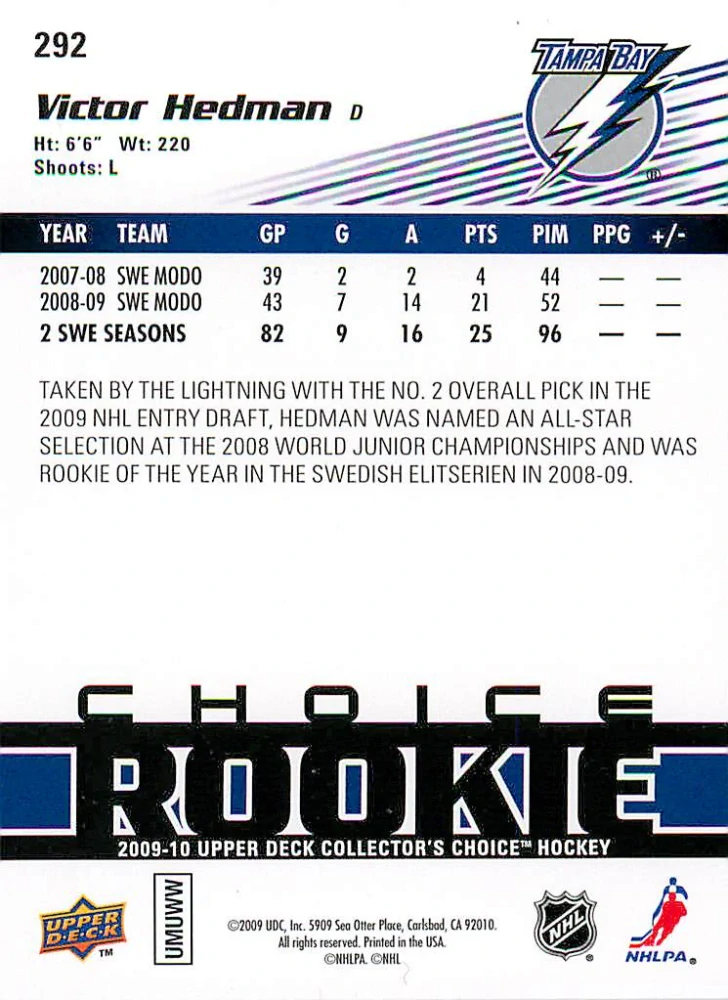 2009-10 UD Collector's Choice - Victor Hedman - Choice Rookies #292