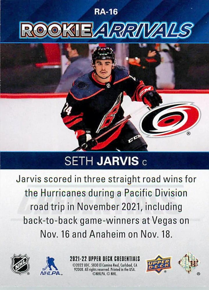 2021-22 UD Credentials - Seth Jarvis - Rookie Arrivals #RA-16
