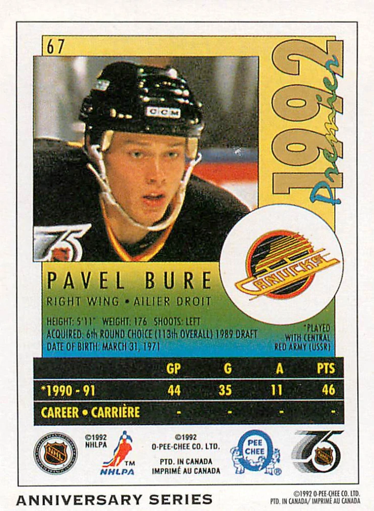 1992-93 O-Pee-Chee - Pavel Bure - Anniversary Series #67