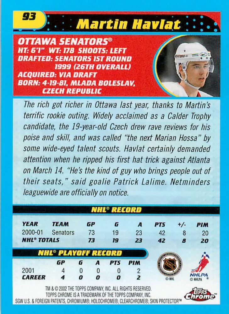 2001-02 Topps Chrome - Martin Havlát #93
