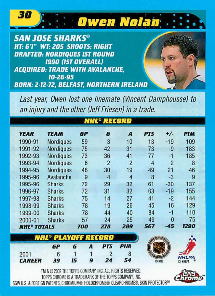2001-02 Topps Chrome - Owen Nolan #30