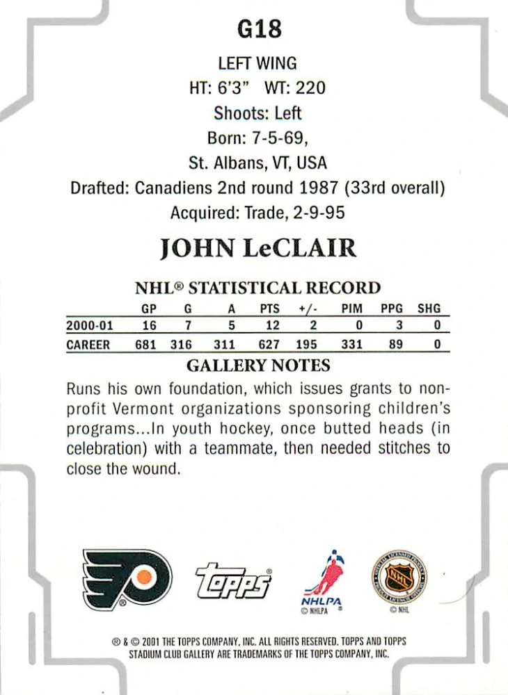 2001-02 Topps Stadium Club - John LeClair - Gallery #G18