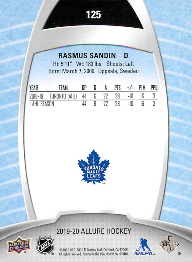 2019-20 UD Allure - Rasmus Sandin - Pink Diamond #125