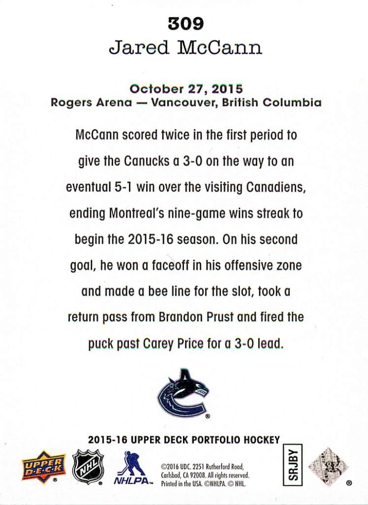 2015-16 UD Portfolio - Jared McCann - Rookie Wire Photos #309