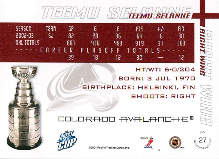 2003-04 Pacific Quest for the Cup - Teemu Selanne #27