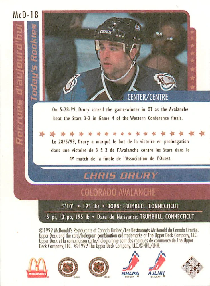 1999-00 UD Retro McDonald's - Chris Drury #McD-18