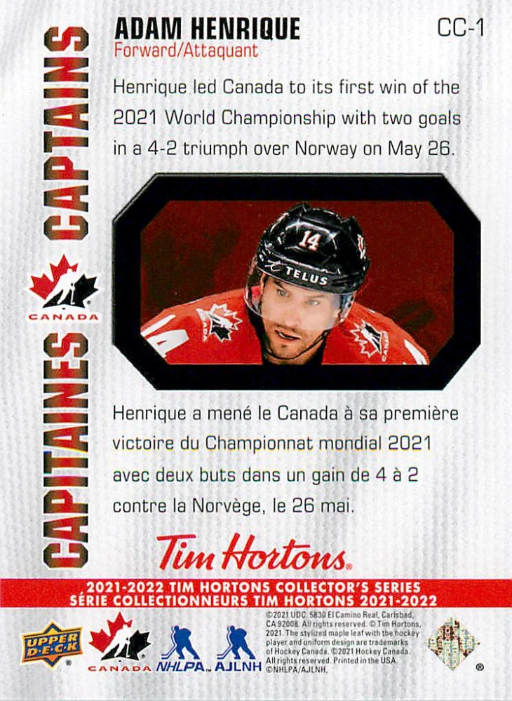 2021-22 UD Tim Hortons Collector's Series - Adam Henrique - Captains #CC-1