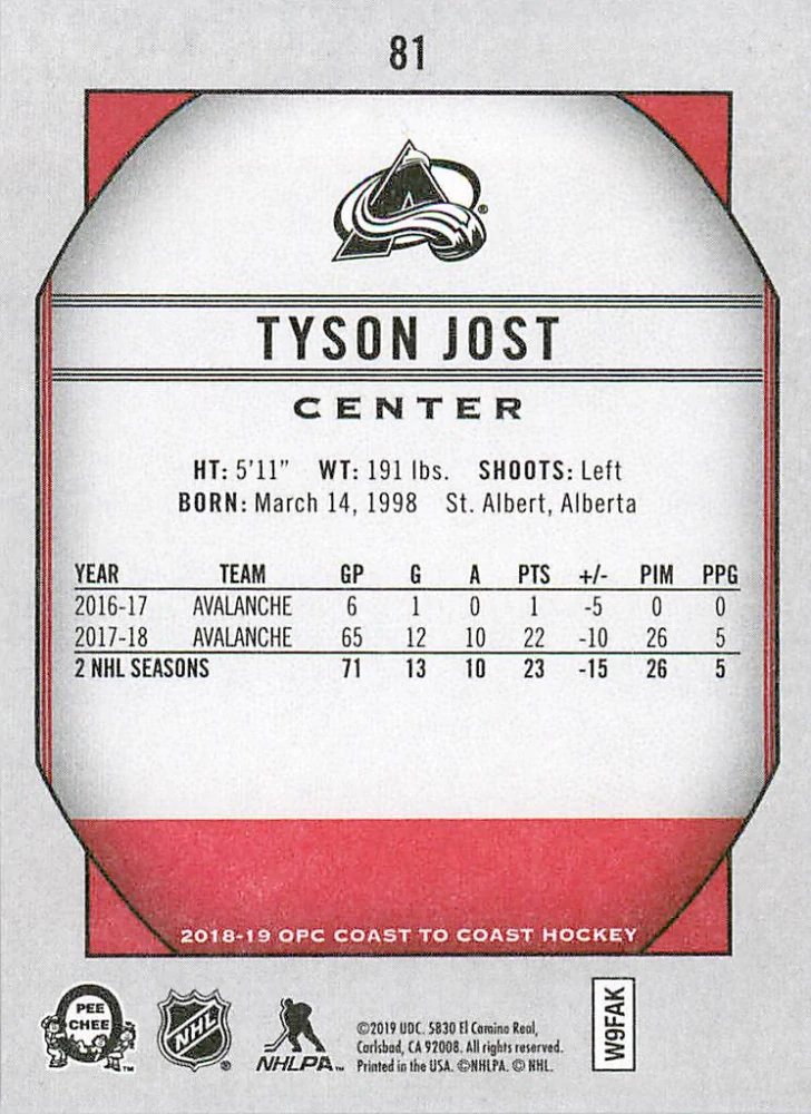 2018-19 UD O-Pee-Chee Coast to Coast - Tyson Jost - Red #81