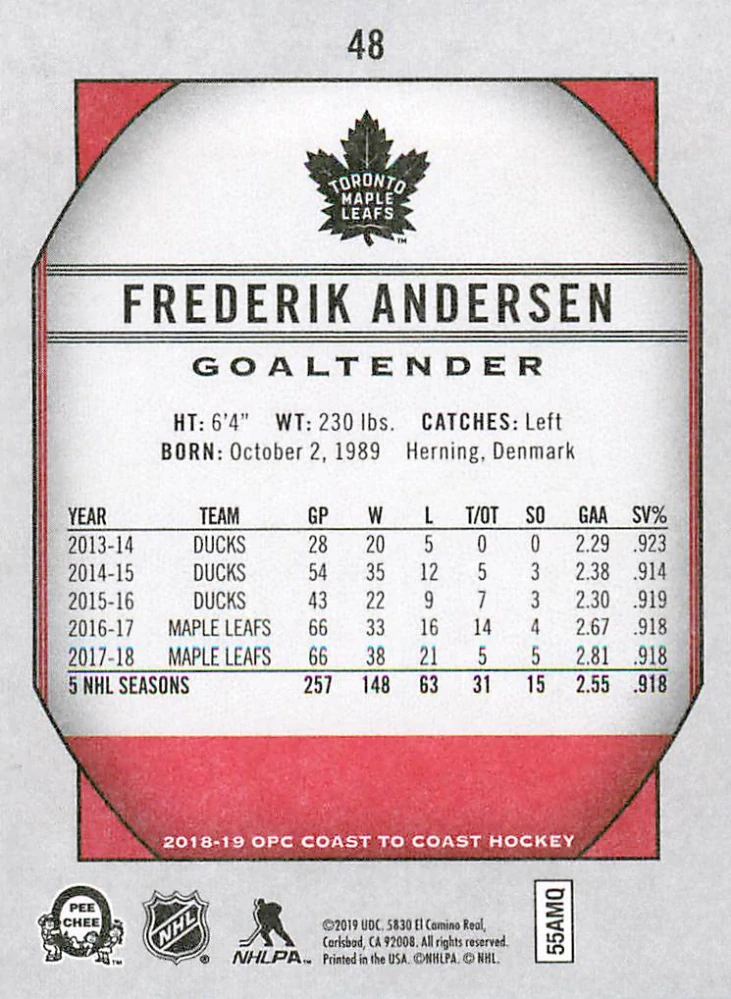 2018-19 UD O-Pee-Chee Coast to Coast - Frederik Andersen #48