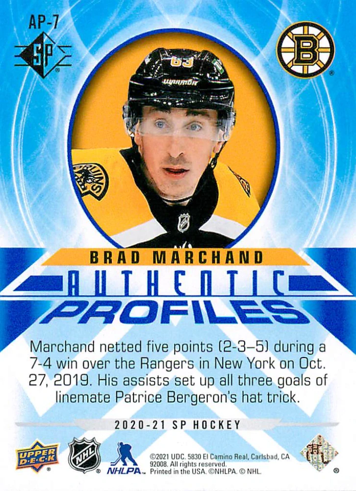 2020-21 UD SP Hockey - Brad Marchand - Authentic Profiles Blue #AP-7