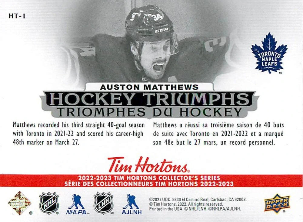 2022-23 UD Tim Hortons Collector's Series - Auston Matthews - Hockey Triumphs #HT-1