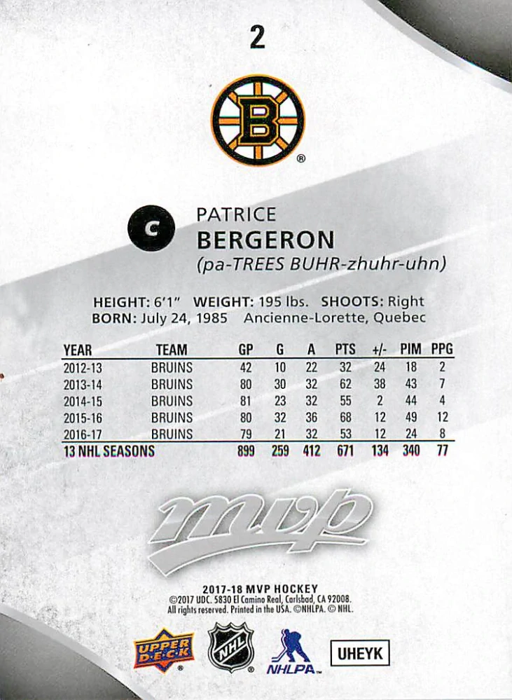 2017-18 UD MVP - Patrice Bergeron - Silver Script #2
