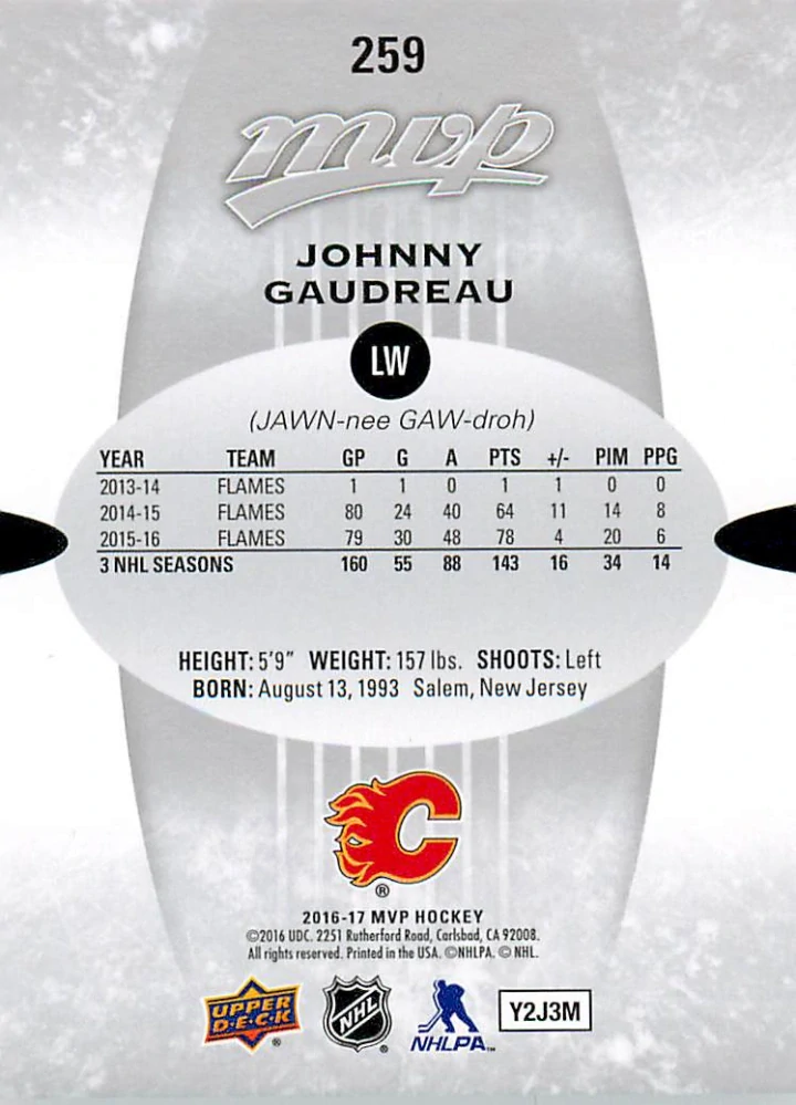 2016-17 UD MVP - Johnny Gaudreau - Silver Script #259