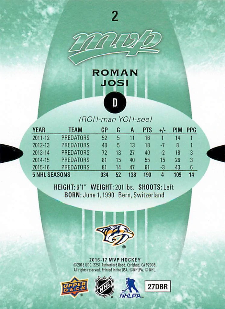 2016-17 UD MVP - Roman Josi - Green Script #2