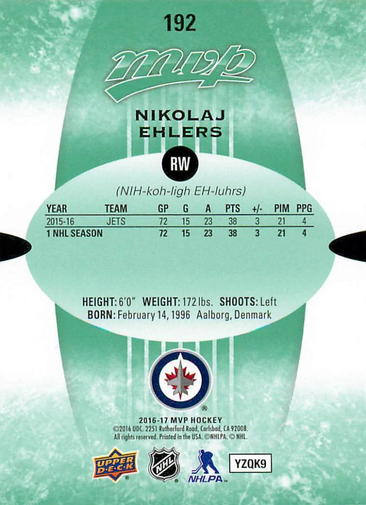 2016-17 UD MVP - Nikolaj Ehlers - Green Script #192