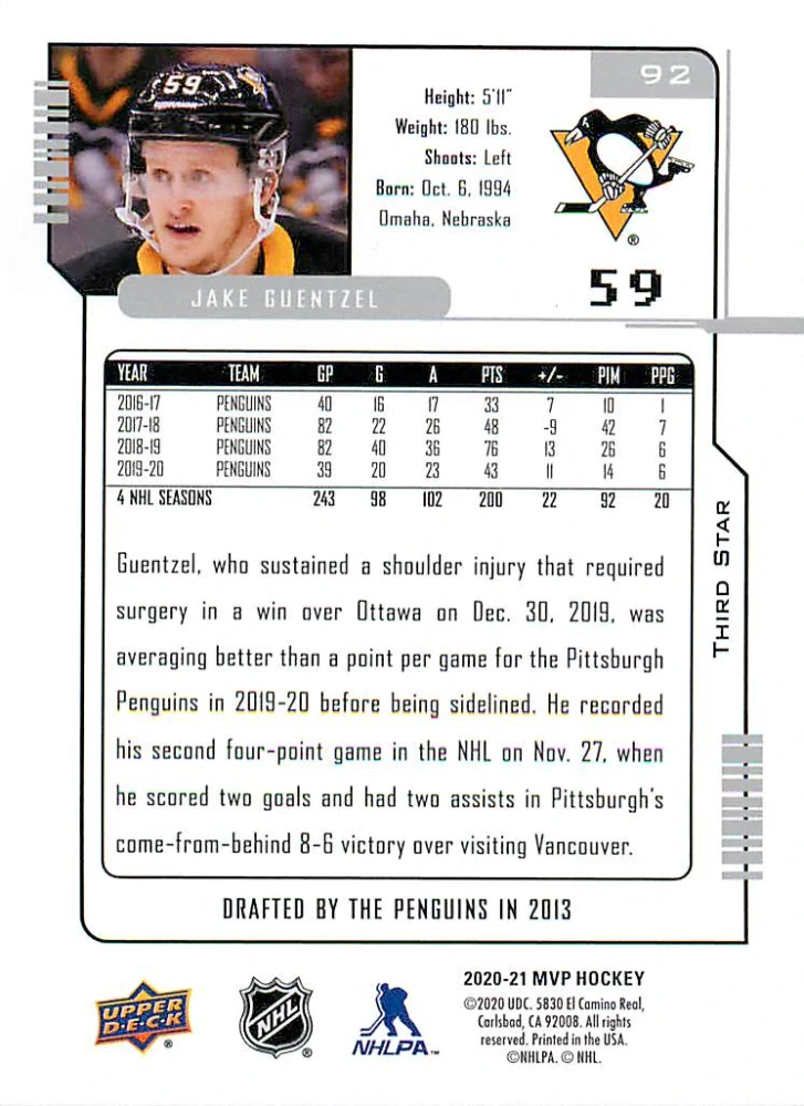 2020-21 UD MVP - Jake Guentzel - 20th Anniversary - 3rd Star #92