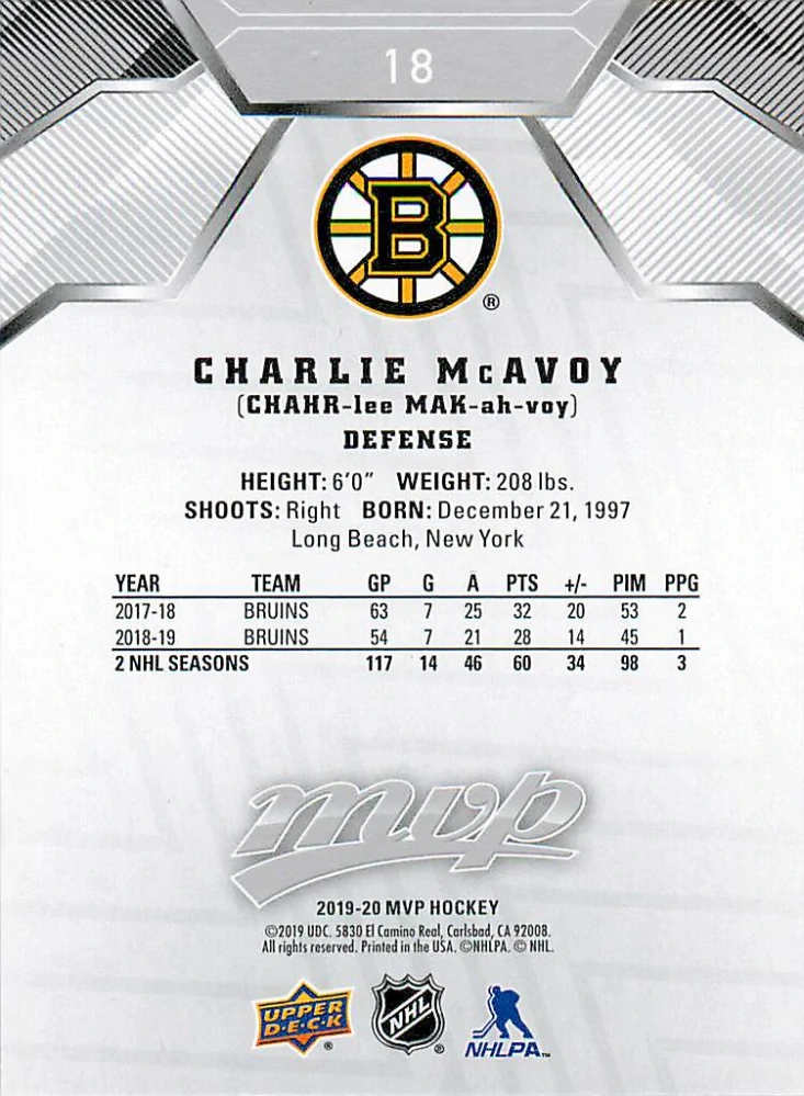 2019-20 UD MVP - Charlie McAvoy - Silver Script #18