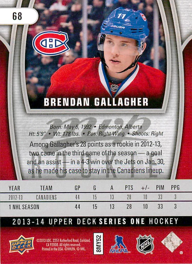 2013-14 UD Series 1 - Brendan Gallagher - MVP Rookie #68
