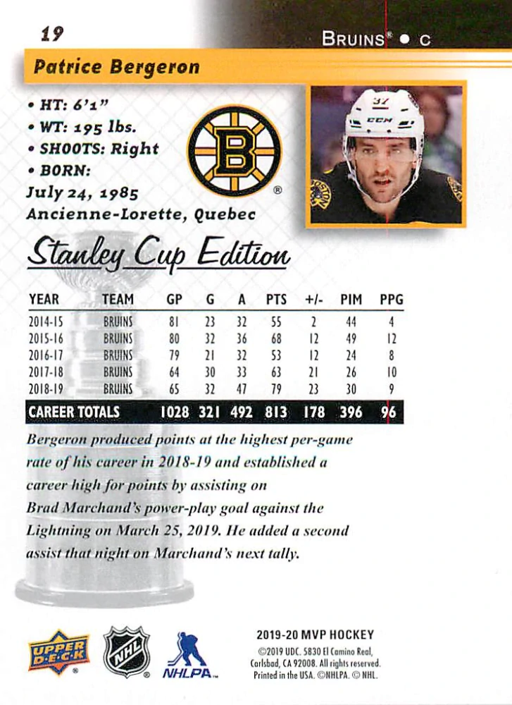 2019-20 UD MVP - Patrice Bergeron - Stanley Cup Edition 20th Anniversary #19
