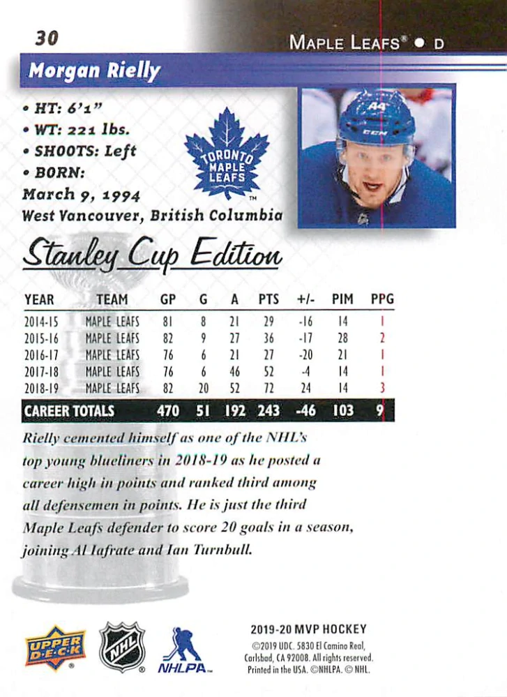 2019-20 UD MVP - Morgan Rielly - Stanley Cup Edition 20th Anniversary #30