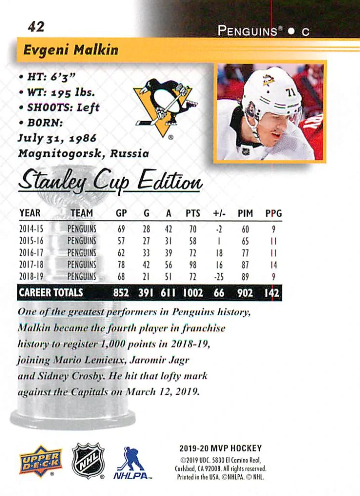 2019-20 UD MVP - Evgeni Malkin - Stanley Cup Edition 20th Anniversary #42
